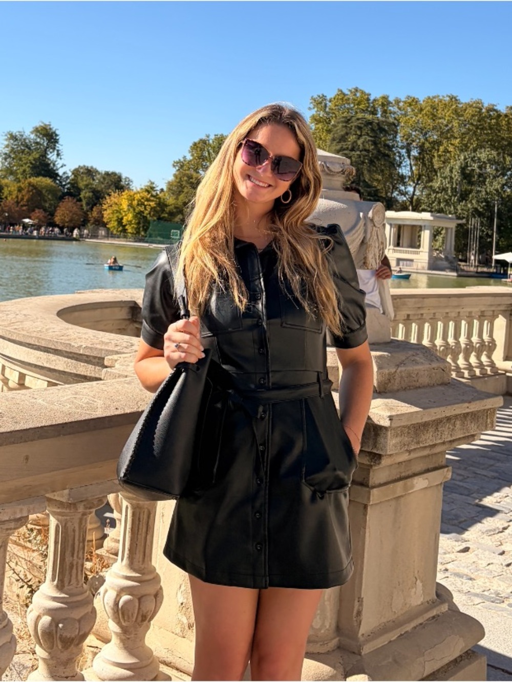 Black Faux Leather Mini Dress with Pockets